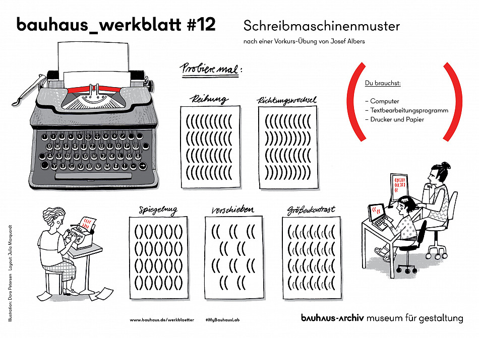 bauhaus_werkblatt #12 mit gezeichneter Anleitung, wie man Muster auf Schreibmaschine und Computer erstellen kann